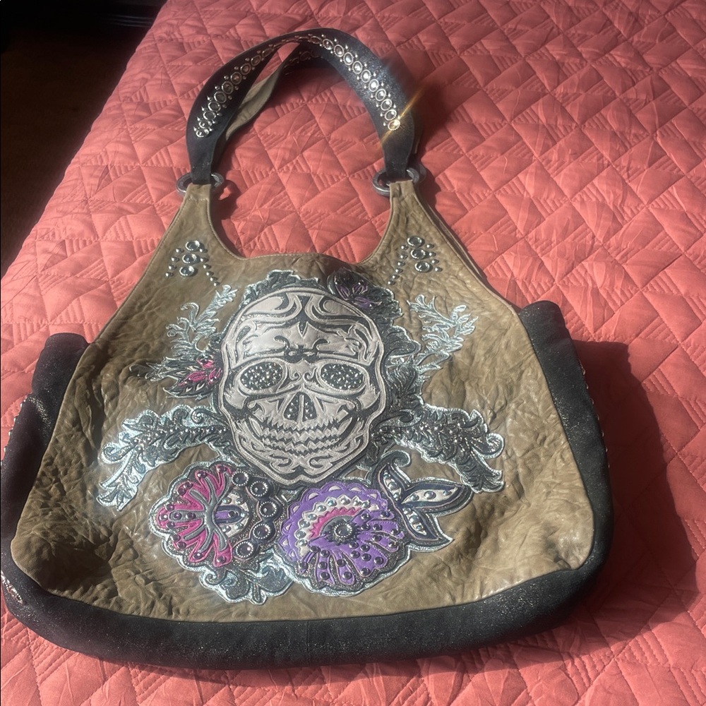 Kippy's Leather Swarovski Crystal Skull Design Tote Bag - Black and Khaki